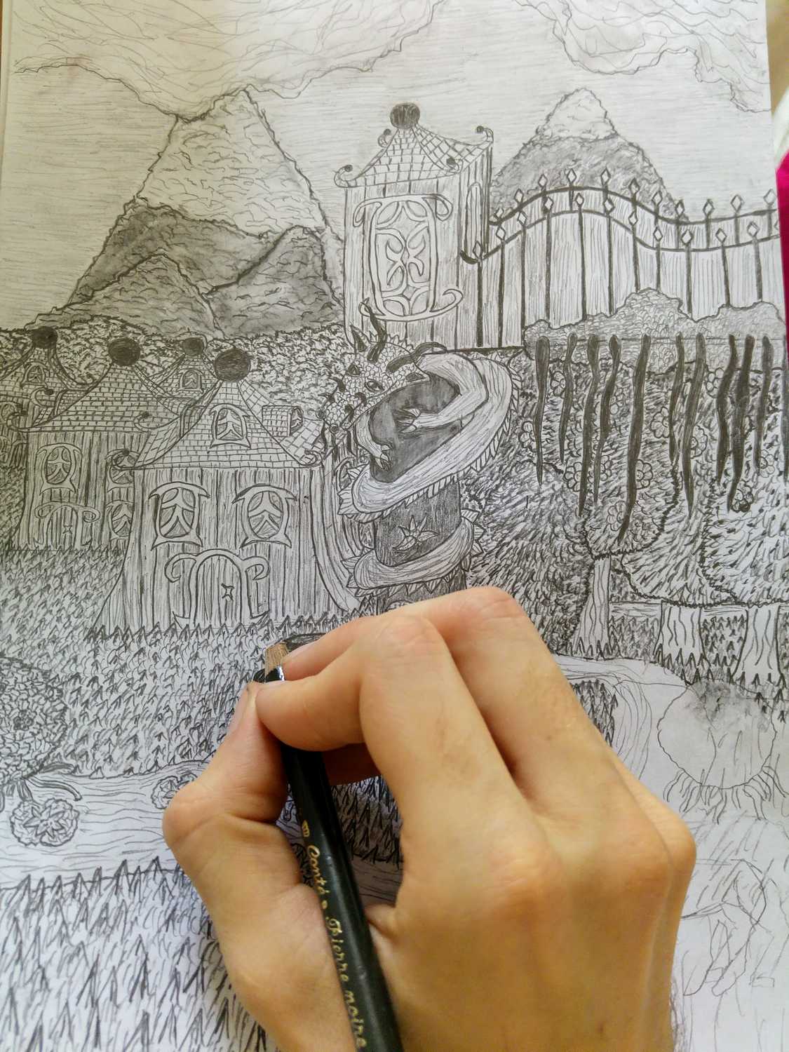 Dessin en cours de l'artiste Arnaud Degouy.